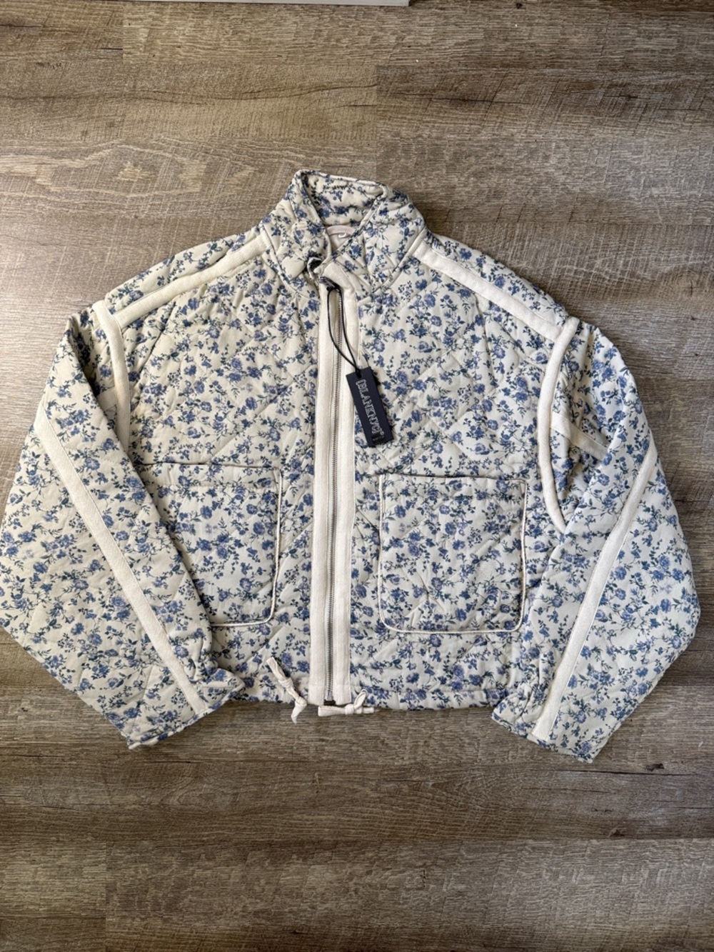 Blank NYC Cream and Blue Floral Quilted Bomber Jacket- Size Small NWT
